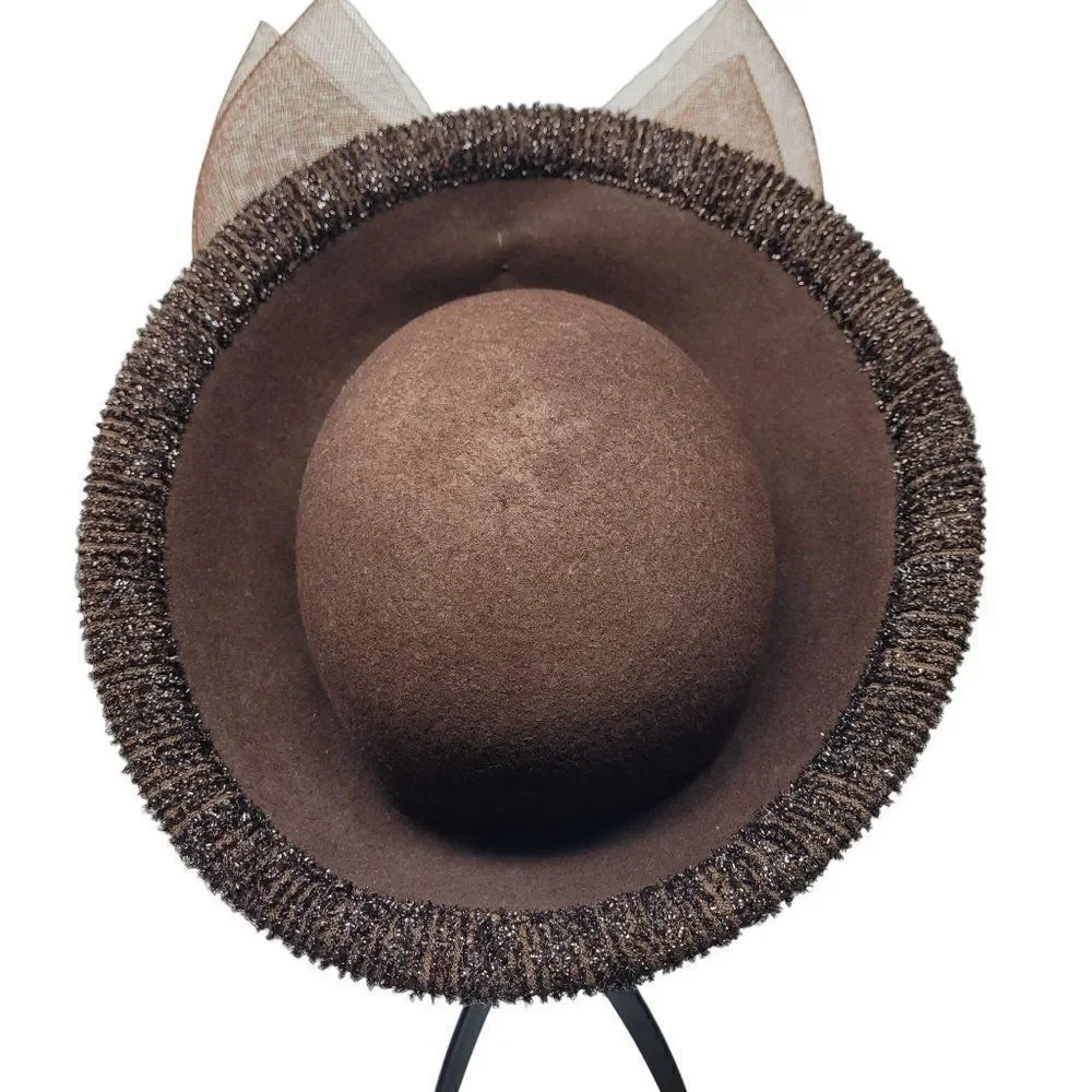 Vintage Unique Rare Wool Church Hat Bumper Halo Brown Netted Bow Chocolate‎
